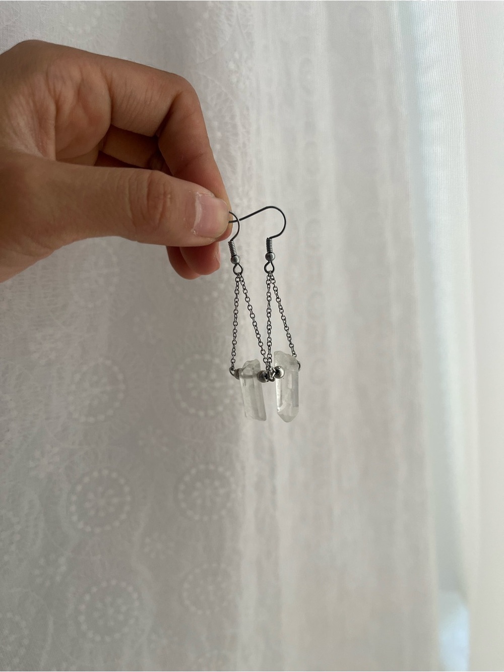 Crystal Quartz Point Dangle Earrings - Minimalist Silver Chain